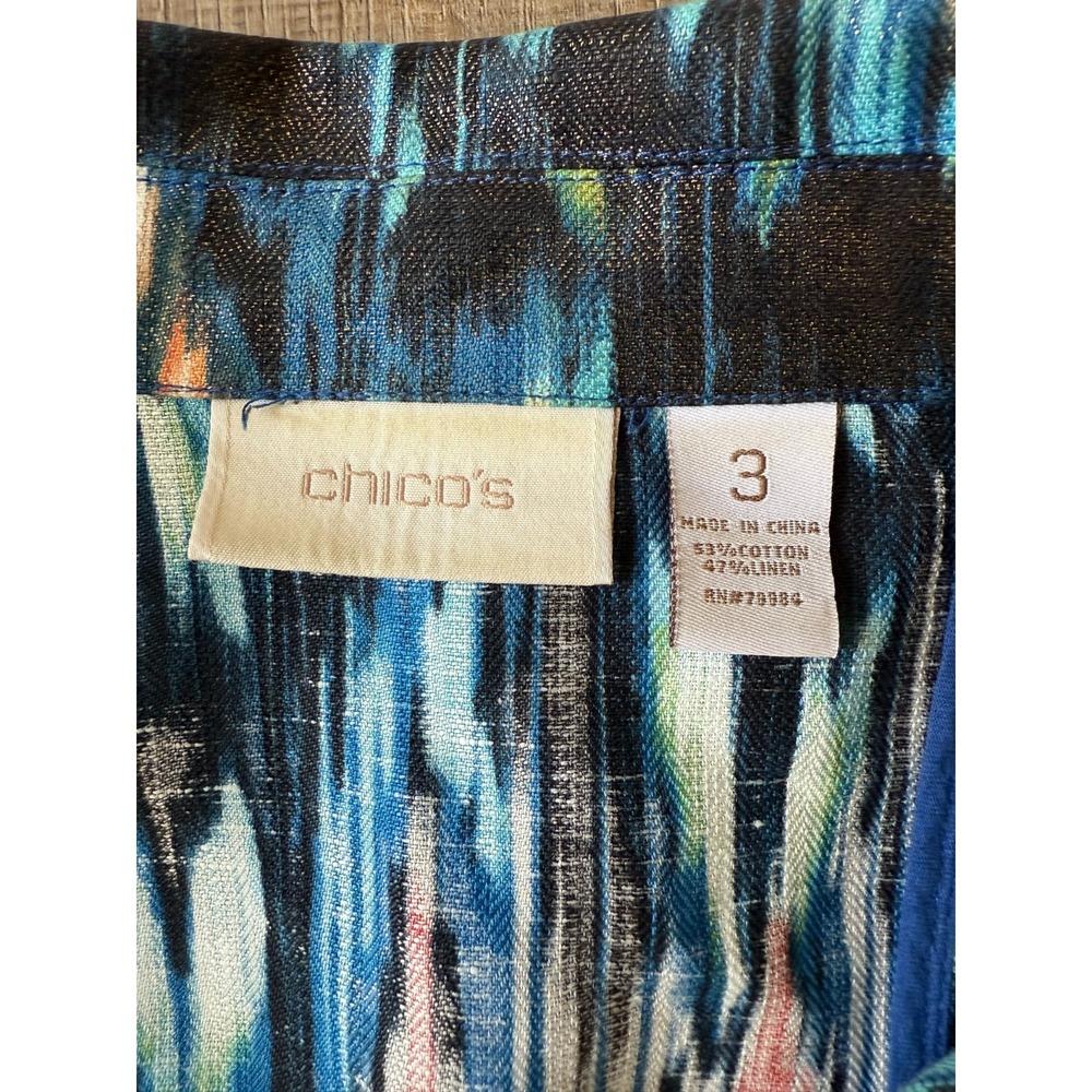 Chico's Women's 3 XL Multicolor Ikat Print Cotton Linen Boho Artsy Shirt Jacket - Picture 8 of 11